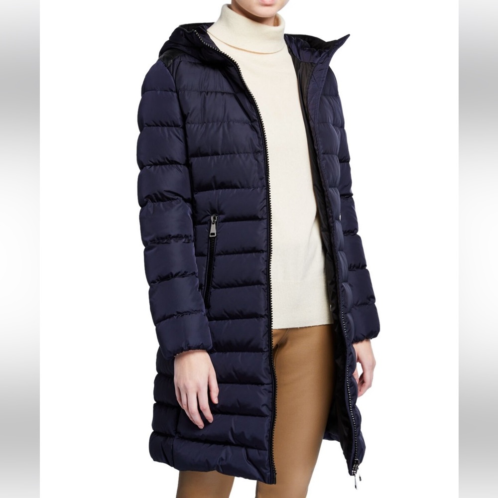 MONCLER TALEV long navy Hooded puffer jackets With Leather Trim size 00 NWT